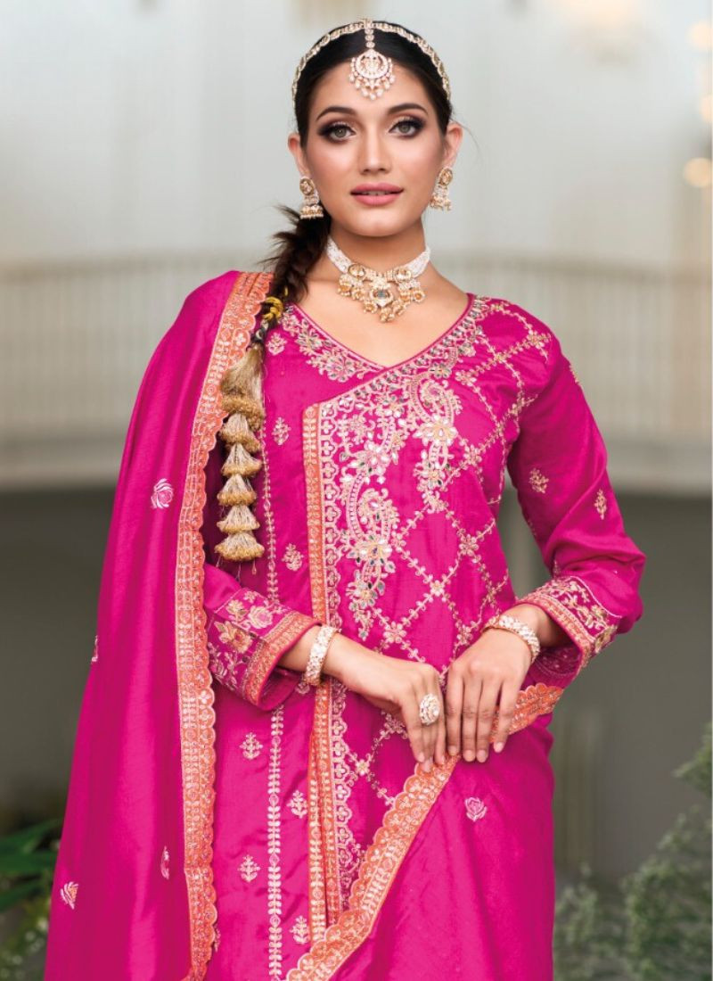 Heavy Embroidery Premium Silk Suit Set in Pink