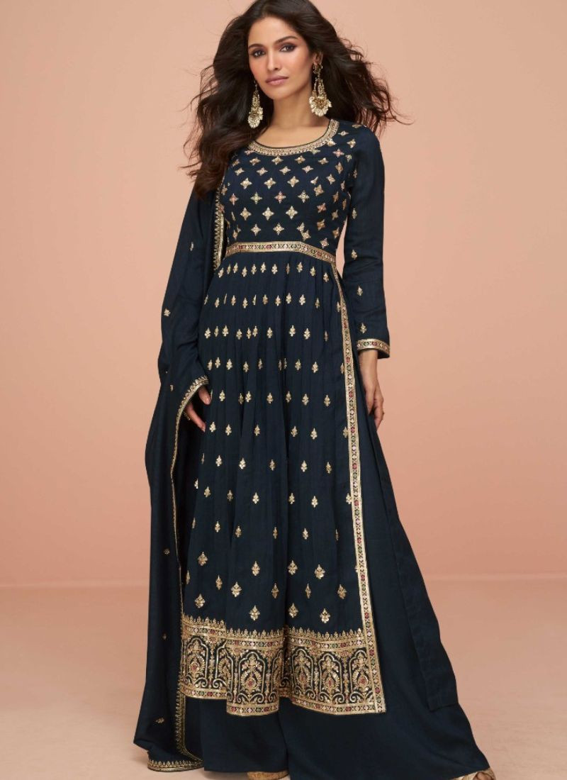 Embroidery Premium Silk Suit in Navy Blue