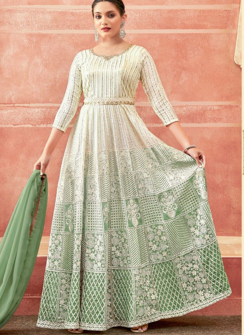 Real Georgette Digital Print Gown in White & Pista Green