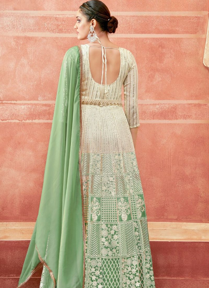 Real Georgette Digital Print Gown in White & Pista Green