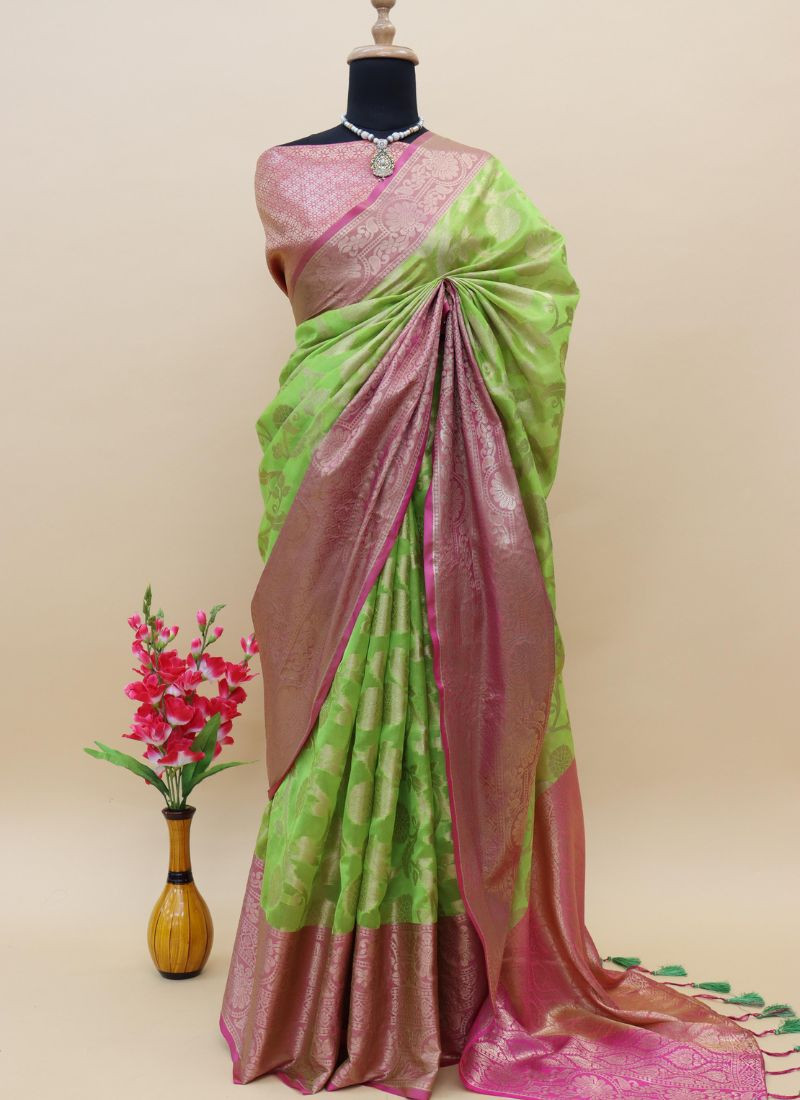 Shiner Banarasi Silk in Parrot Green