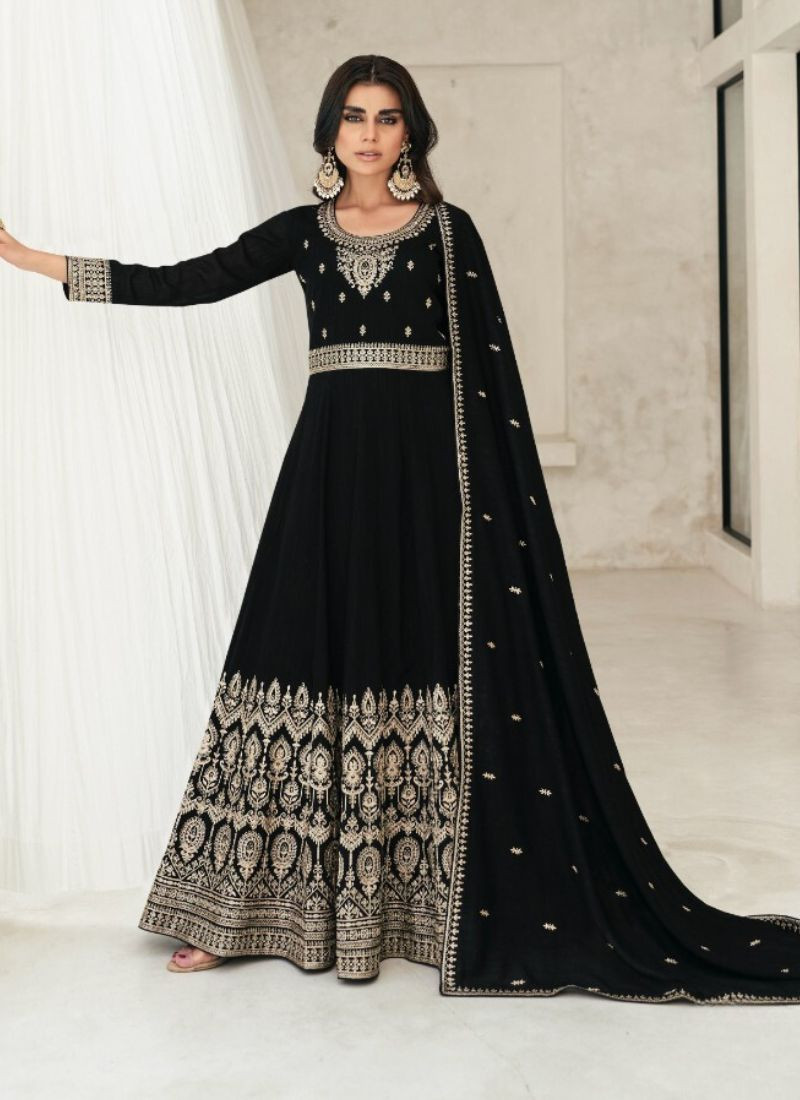 Embroidered Premium Silk Gown in Black