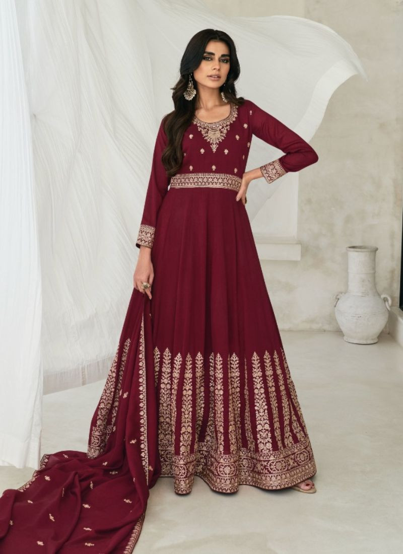 Embroidered Premium Silk Gown in Maroon
