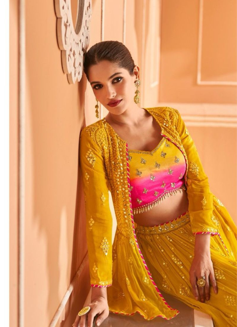 Embroidered Georgette Crop-Top Set in Yellow