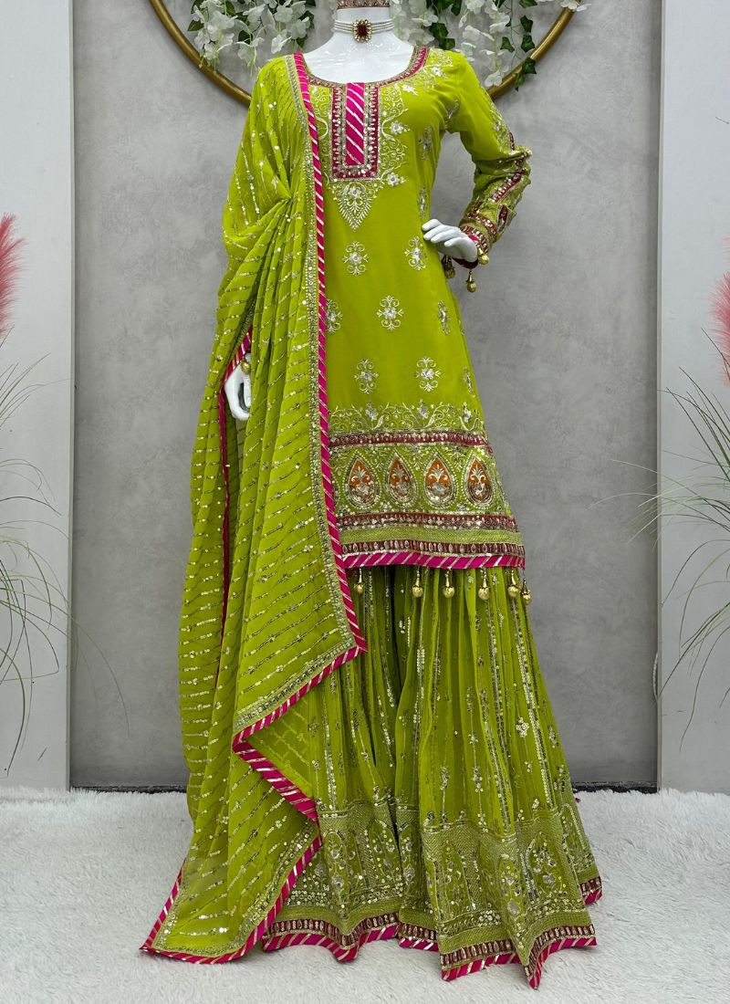 Faux Georgette Sharara Set in Parrot Green