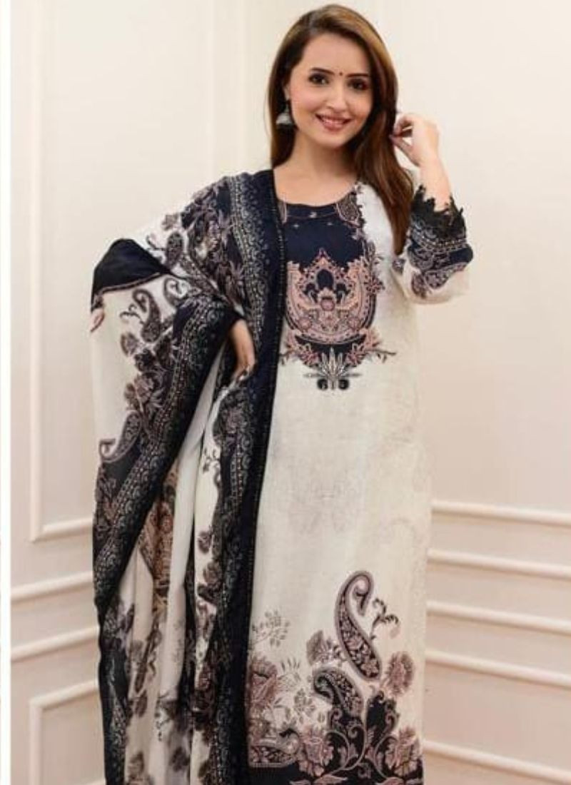Embroidery & Digital work Pure Muslin Suit in White & Black