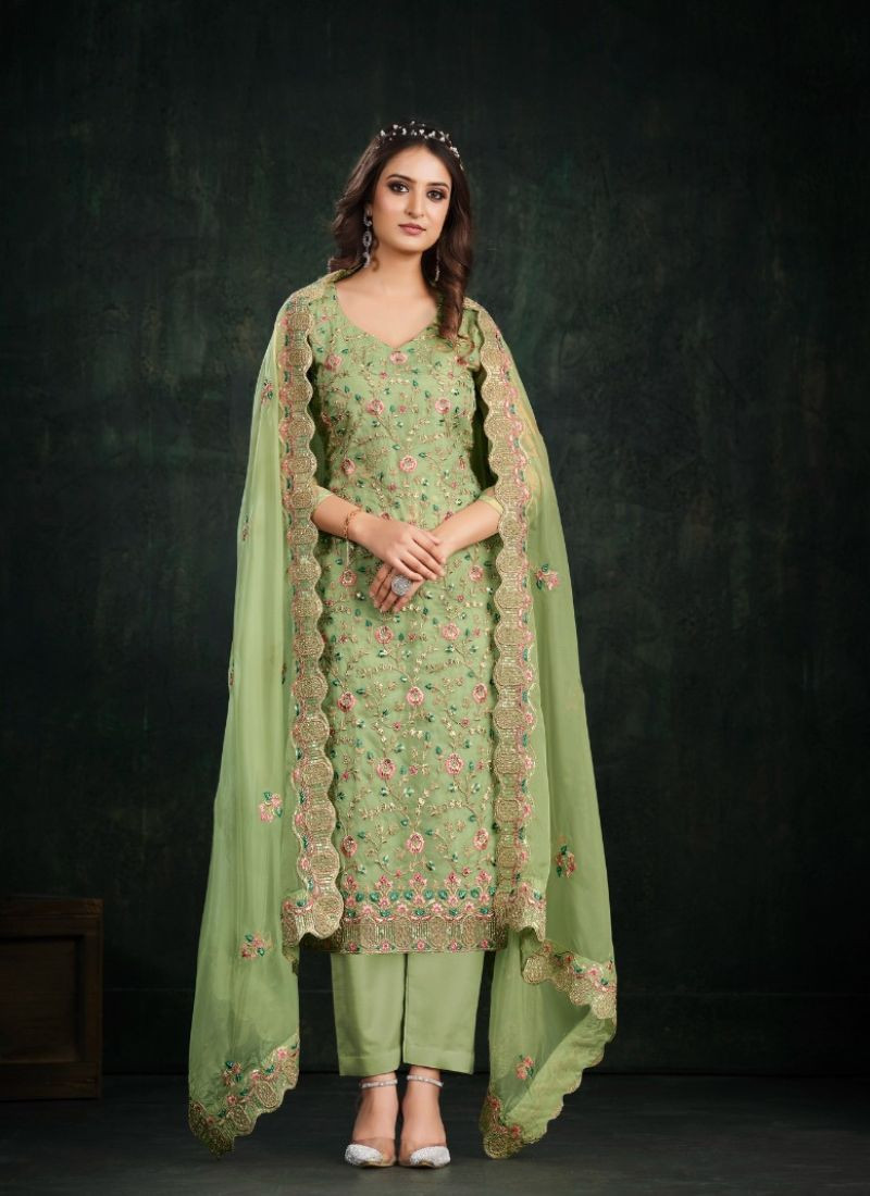 Embroidered Organza suit set in Light Green
