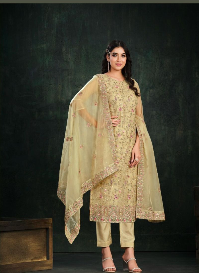 Embroidered Organza suit set in Pastel Yellow