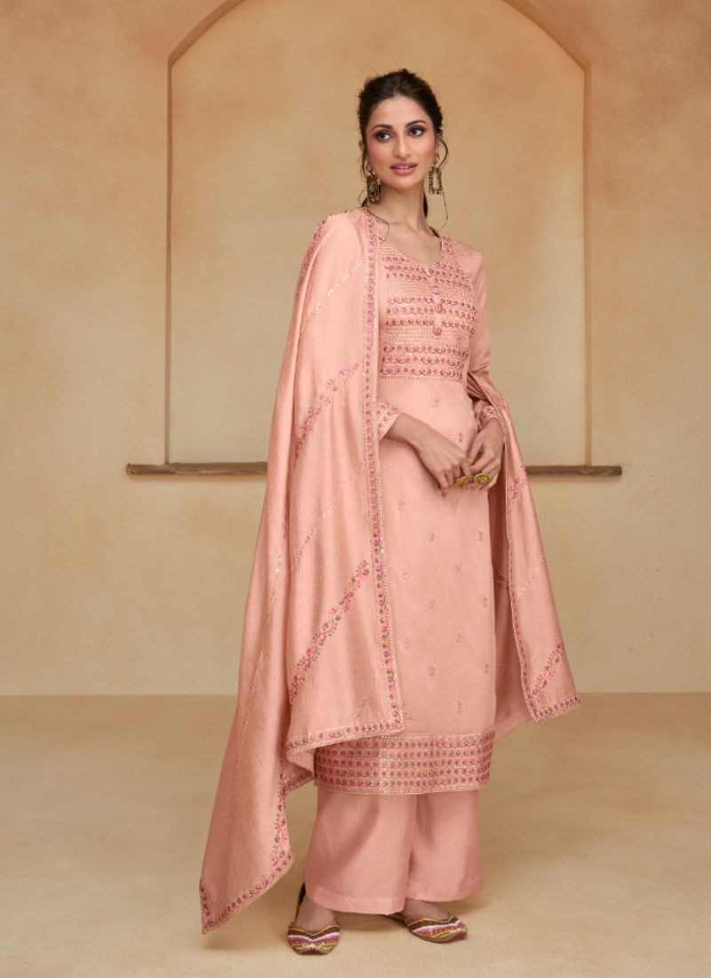 Embroidery zari Work Premium Silk Suit in Baby Pink