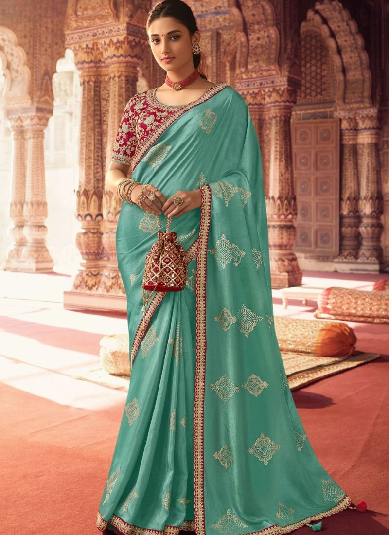 Embroidered Viscose Saree in Sky Blue