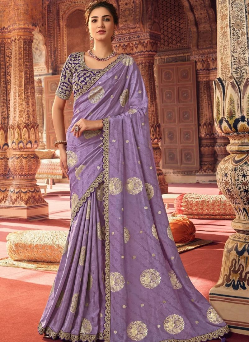 Embroidered Viscose Saree in Purple