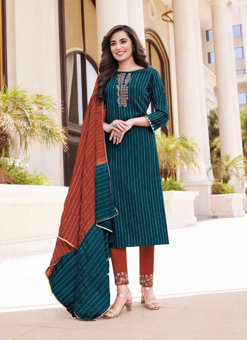 Embroidery Viscose Suit set in Teal Blue