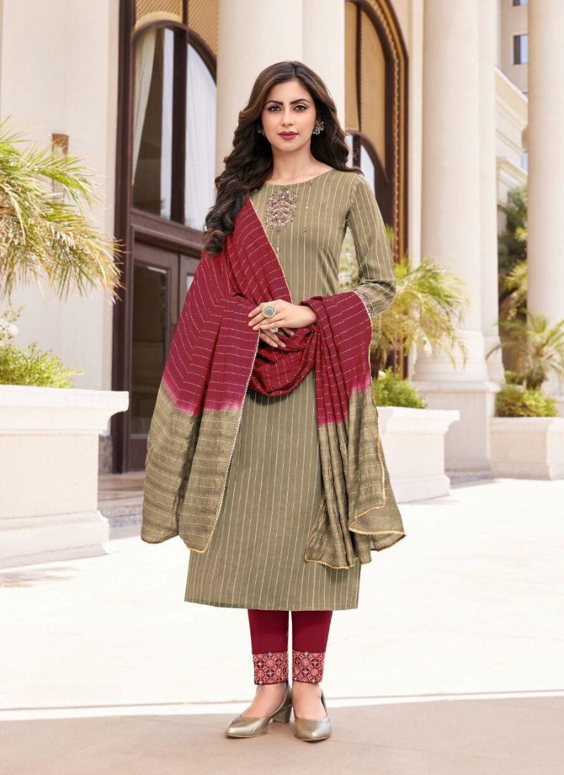 Embroidery Viscose Suit set in Khaki