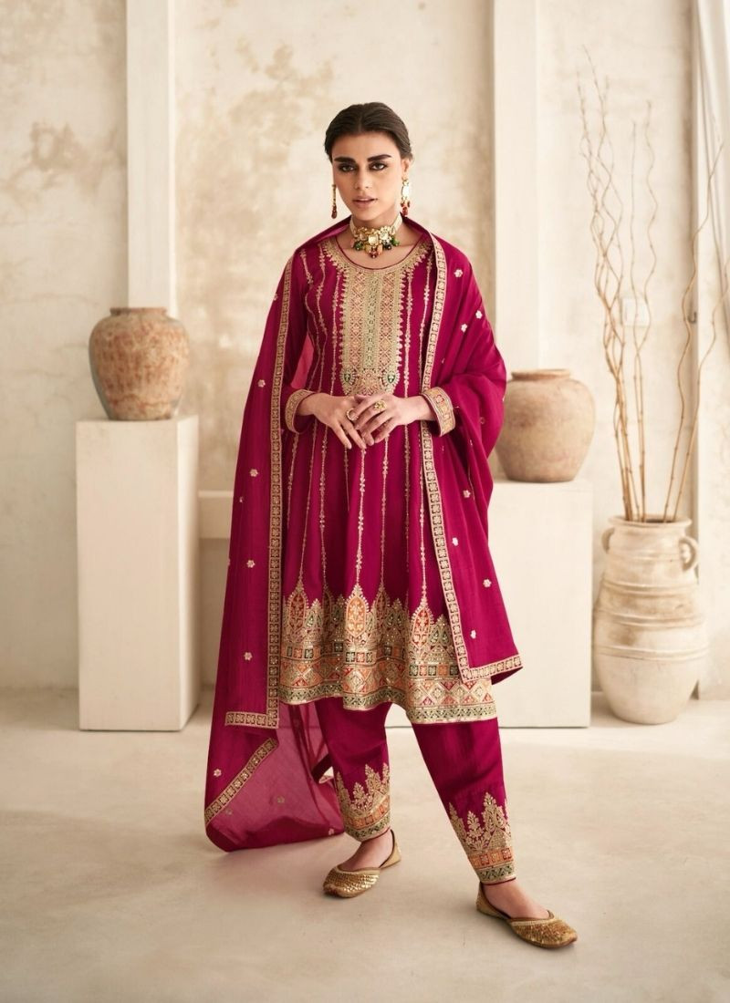 Embroidered Premium Silk Suit in Pink