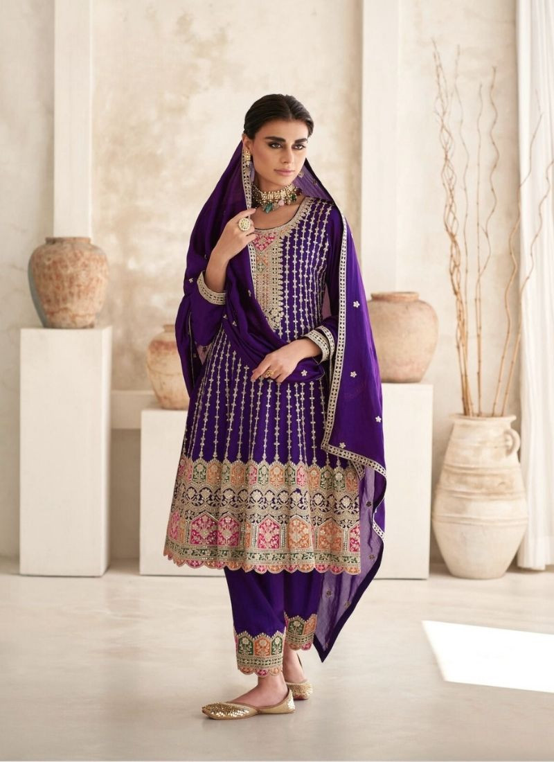 Embroidered Premium Silk Suit in Purple