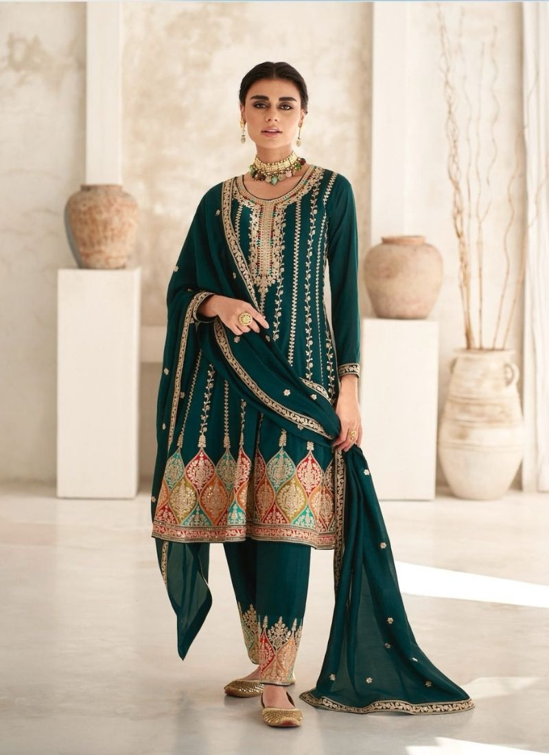 Embroidered Premium Silk Suit in Teal Green