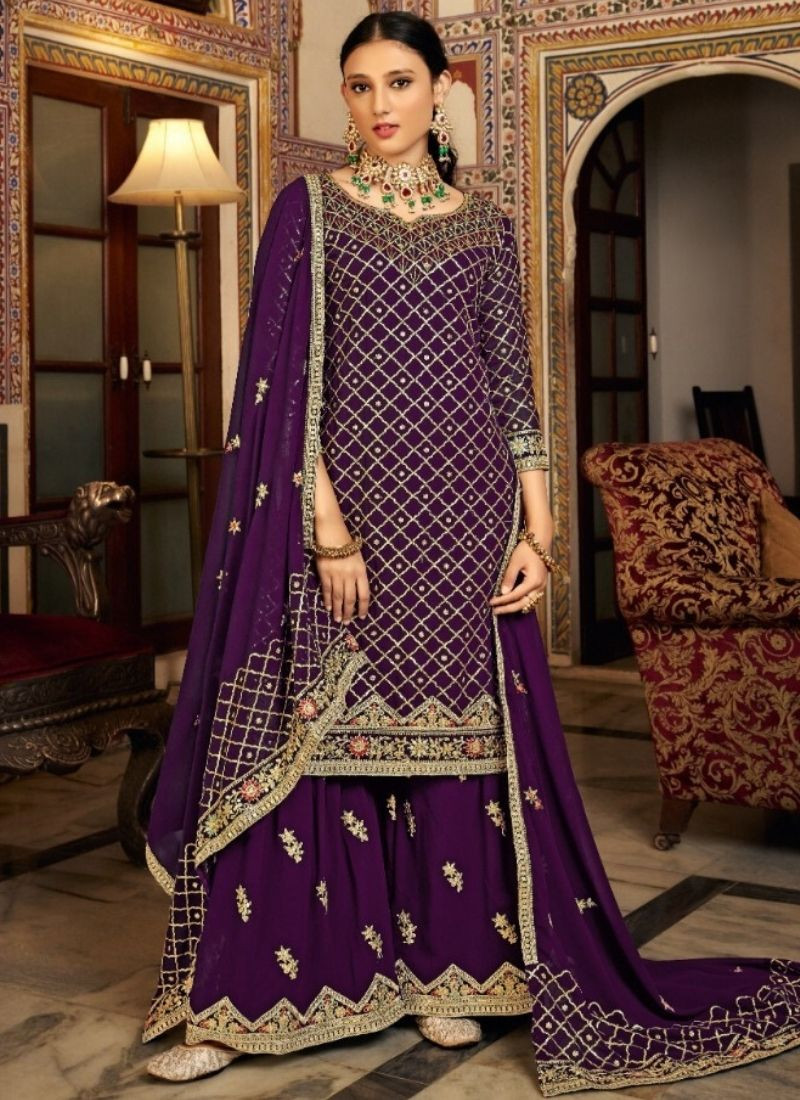 Embroidered Chinon Silk Suit Set in Purple