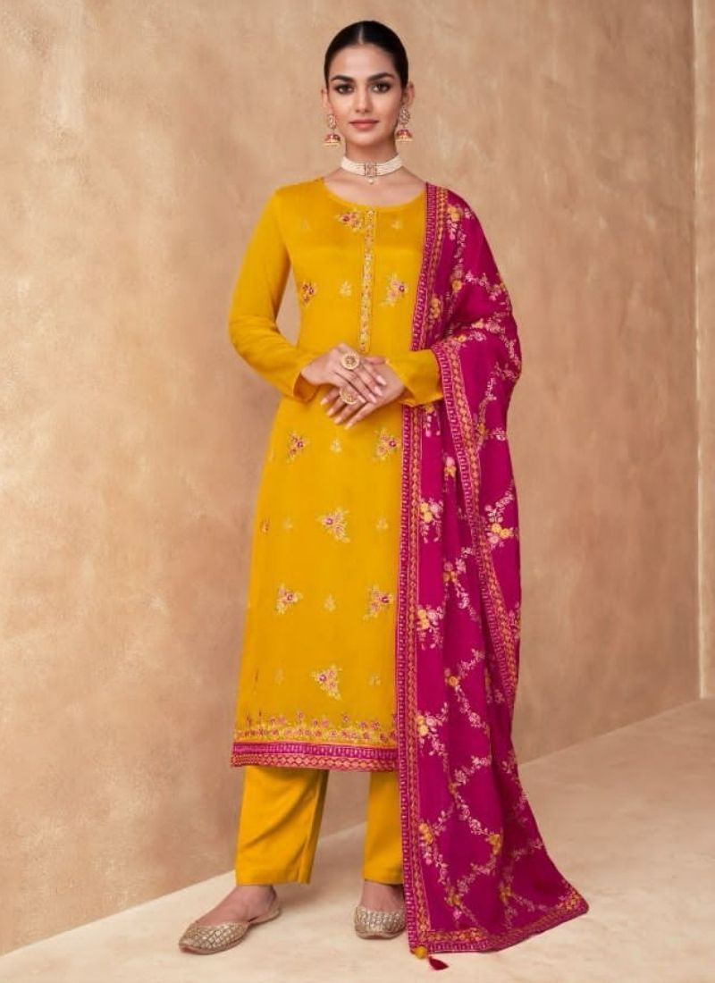 Real Chinon & Georgette Silk Suit(Unstiched) in Yellow
