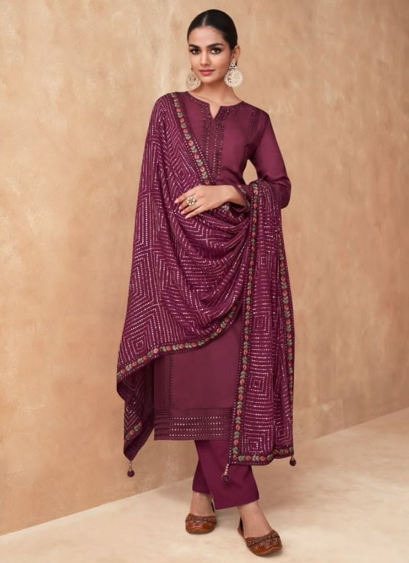 Real Chinon & Georgette Silk Suit(Unstiched) in Purple