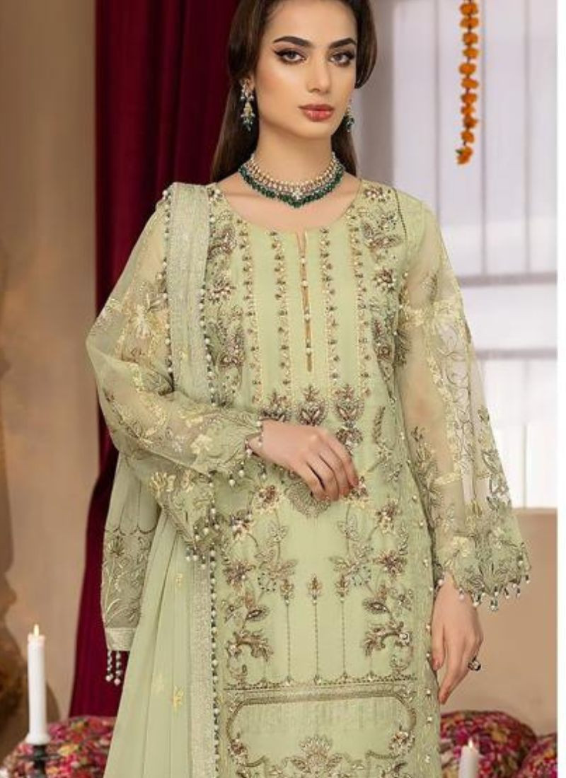 Faux Georgette Embroidery Suit Set in Pista Green