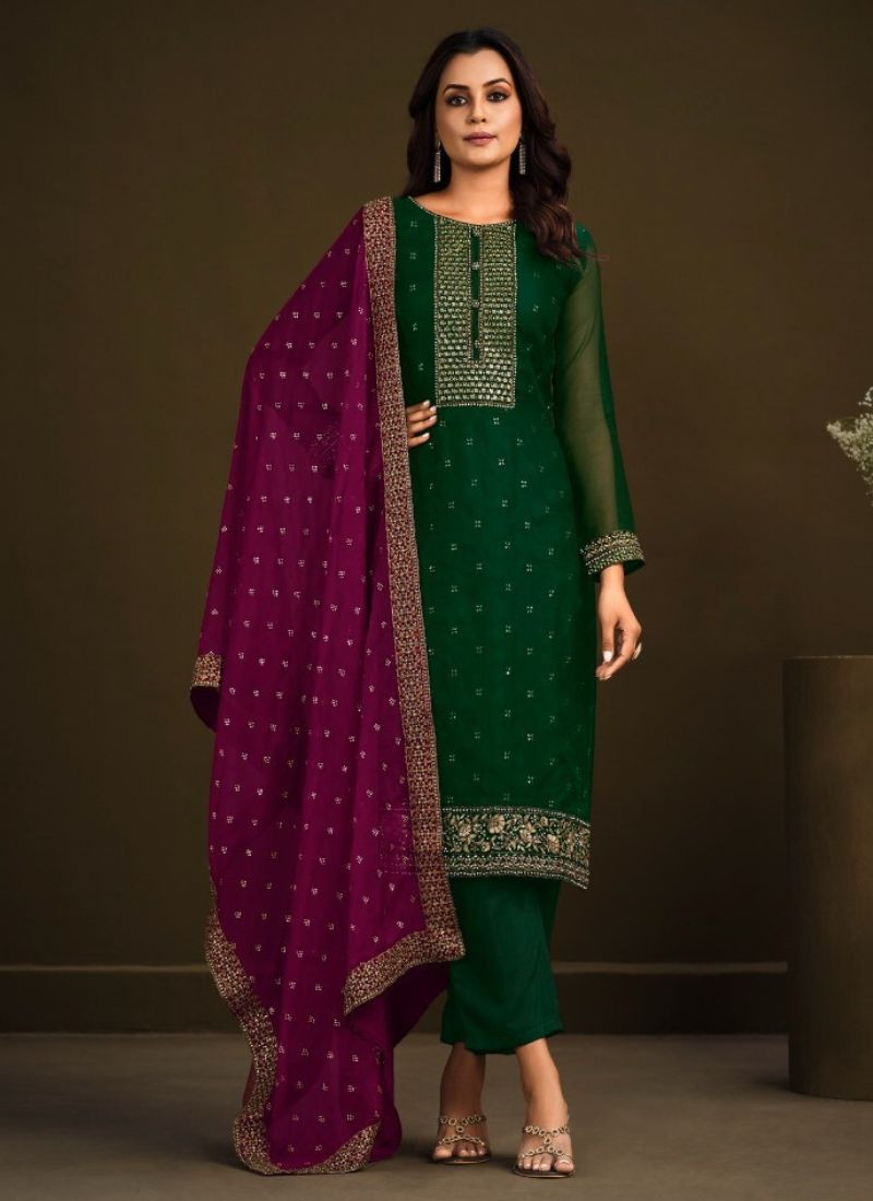Organza Silk Embroidery Suit Set in Green
