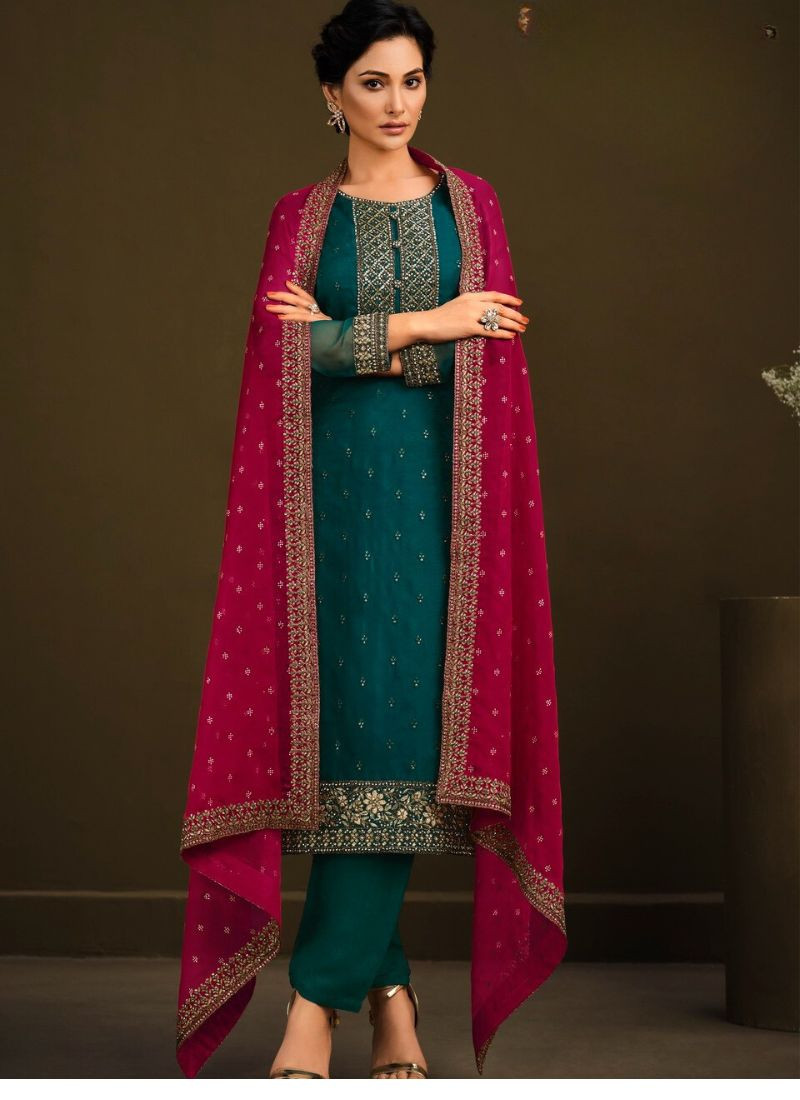 Organza Silk Embroidery Suit Set in Teal Blue