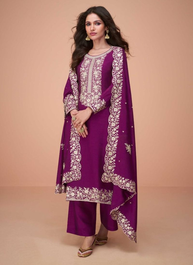 Premium Silk Embroidery Suit Set in Purple
