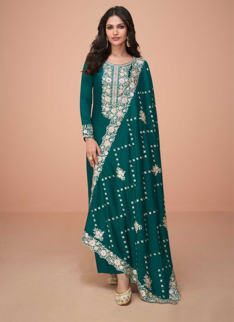 Premium Silk Embroidery Suit Set in Teal