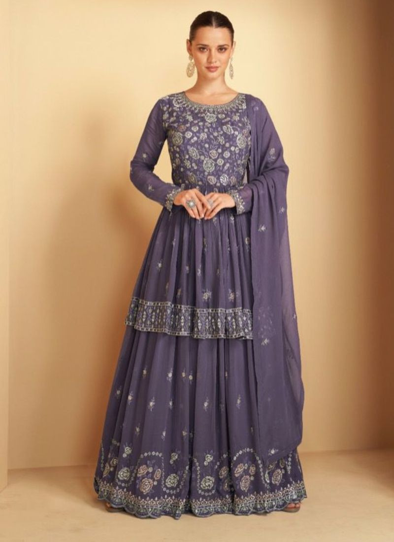 Real Georgette Embroidery Sharara Set in Purple