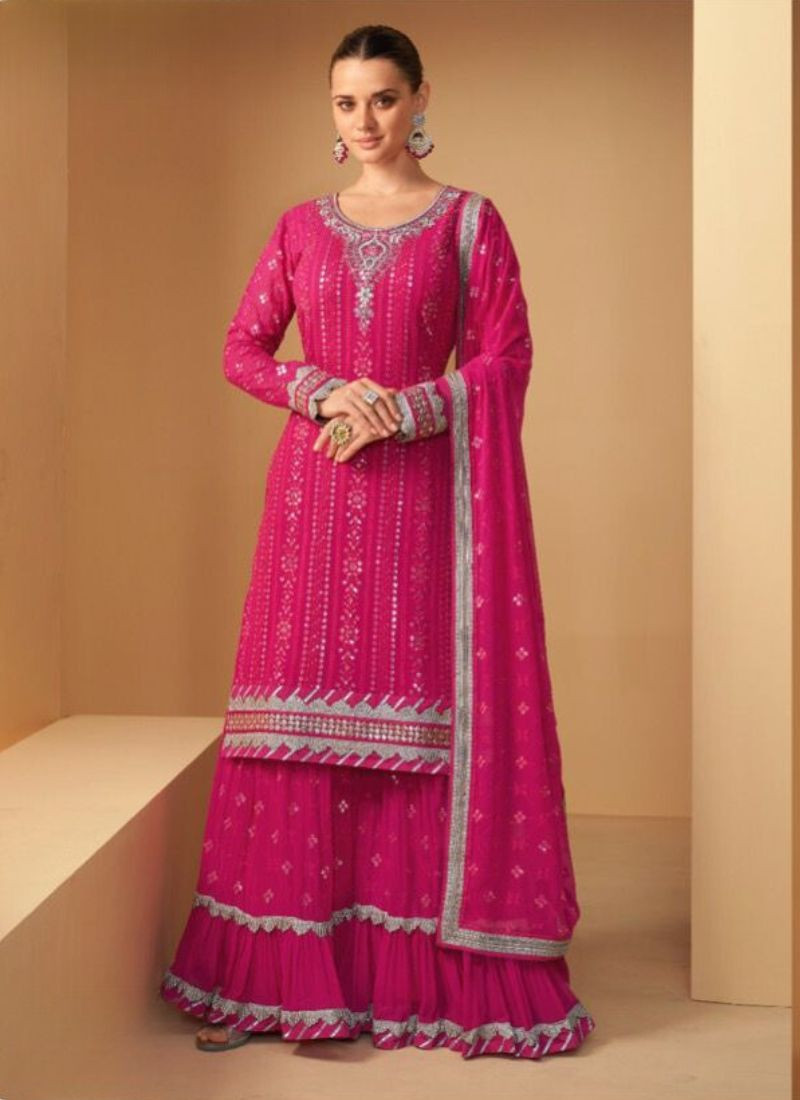 Real Georgette Embroidery Sharara Set in Dark Pink