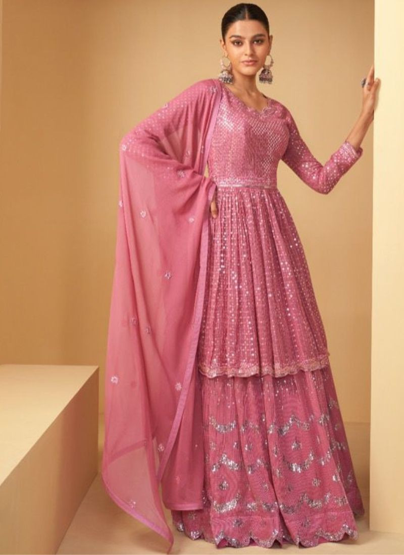 Real Georgette Embroidery Sharara Set in Peach