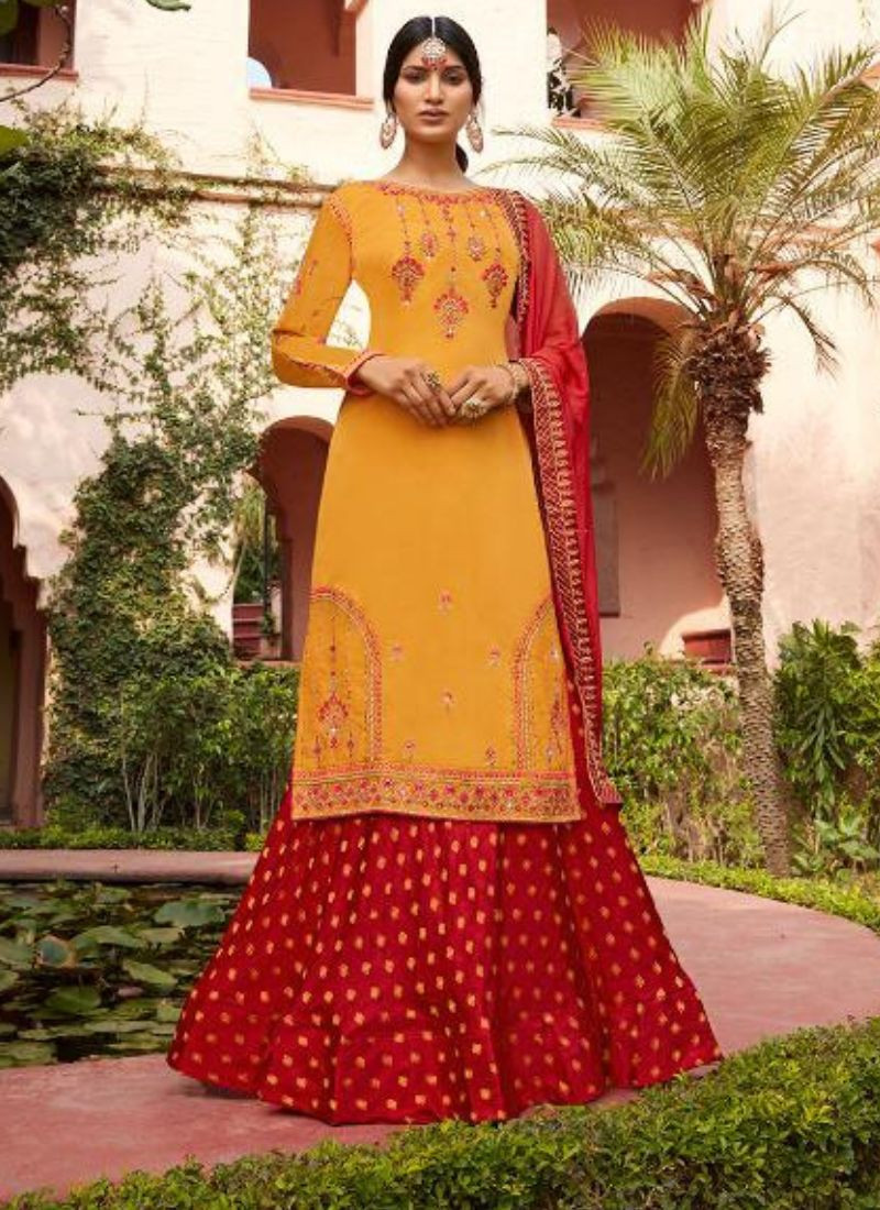 Embroidered Georgette Kurta-Skirt Set in Yellow