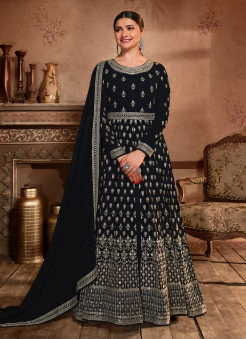 Heavy Embroidered Georgette Gown  in Black
