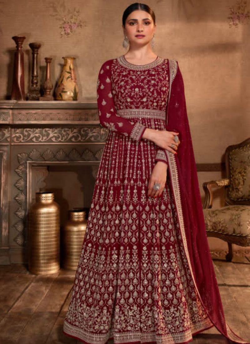 Heavy Embroidered Georgette Gown in Maroon