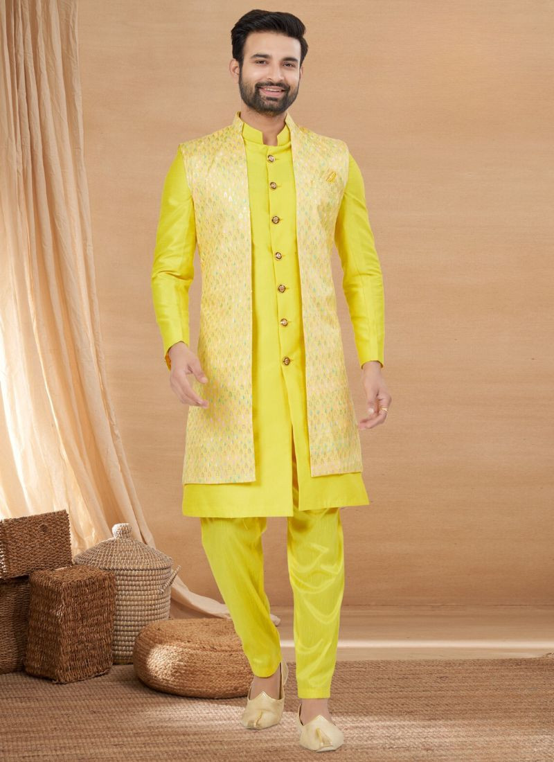 Pure Viscos and Jacquard Indowestern Sherwani in Lime Yellow