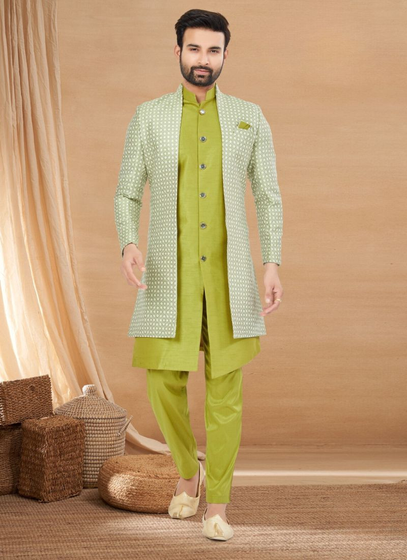 Pure Viscos and Jacquard Indo western Sherwani in Yellow Green
