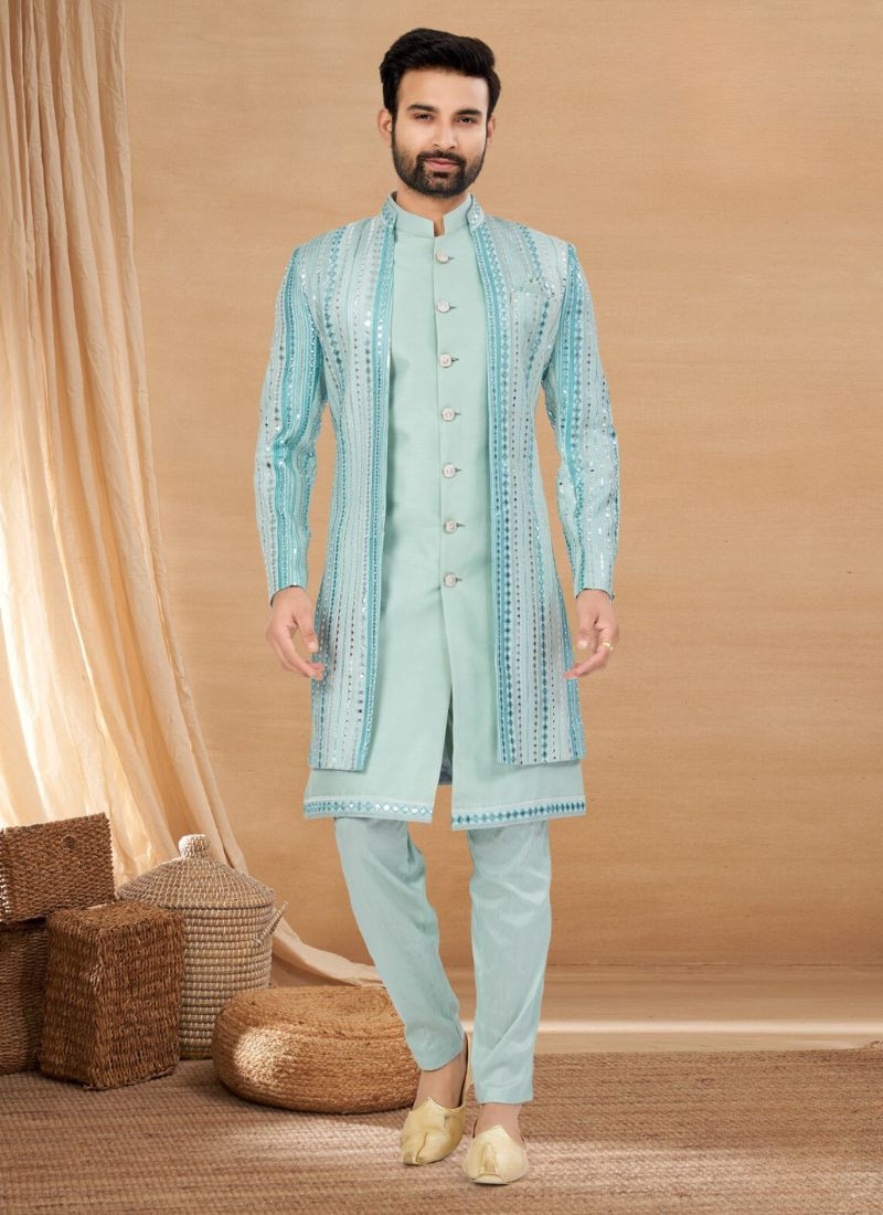 Pure Viscos and Jacquard Indo western Sherwani in Sky Blue