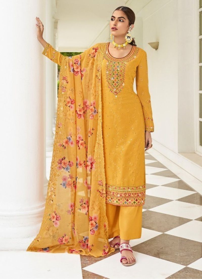 Embroidered Georgette Kurta-Palazzo Set in Yellow