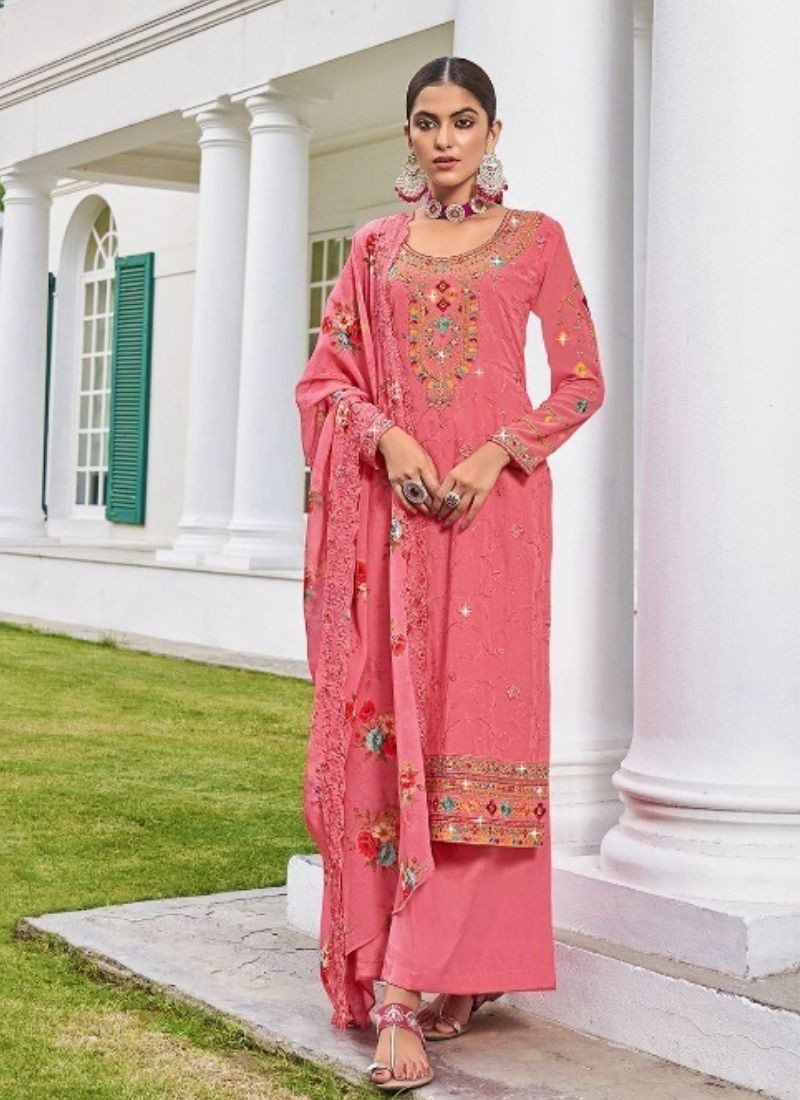 Embroidered Georgette Kurta-Palazzo Set in Cerise Pink