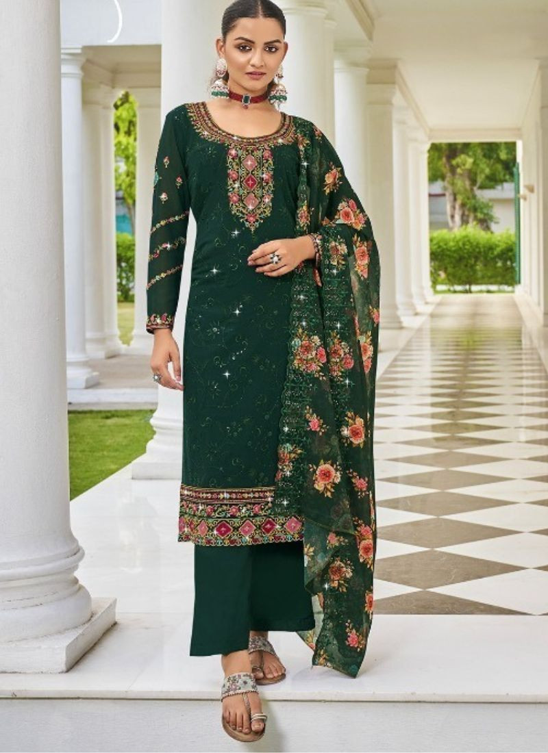 Embroidered Georgette Kurta-Palazzo Set in Green