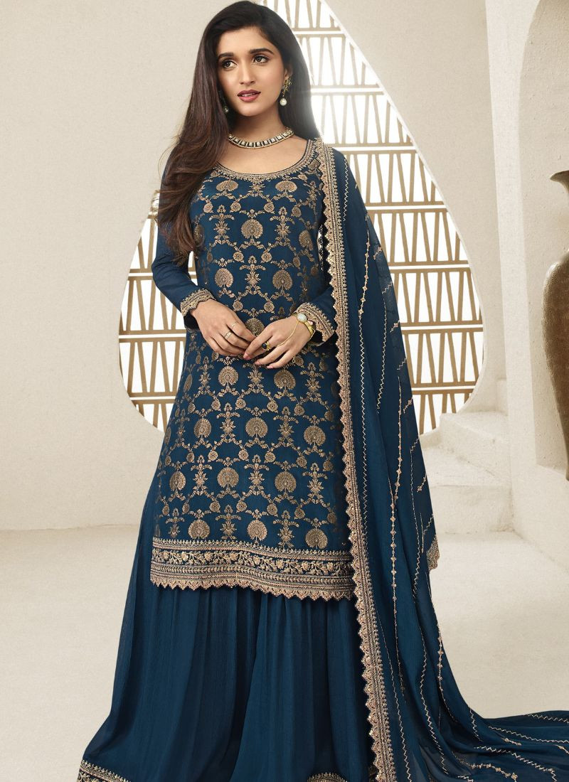 Embroidered Viscose Chinnon Jacquard Sharara Set in Teal Blue