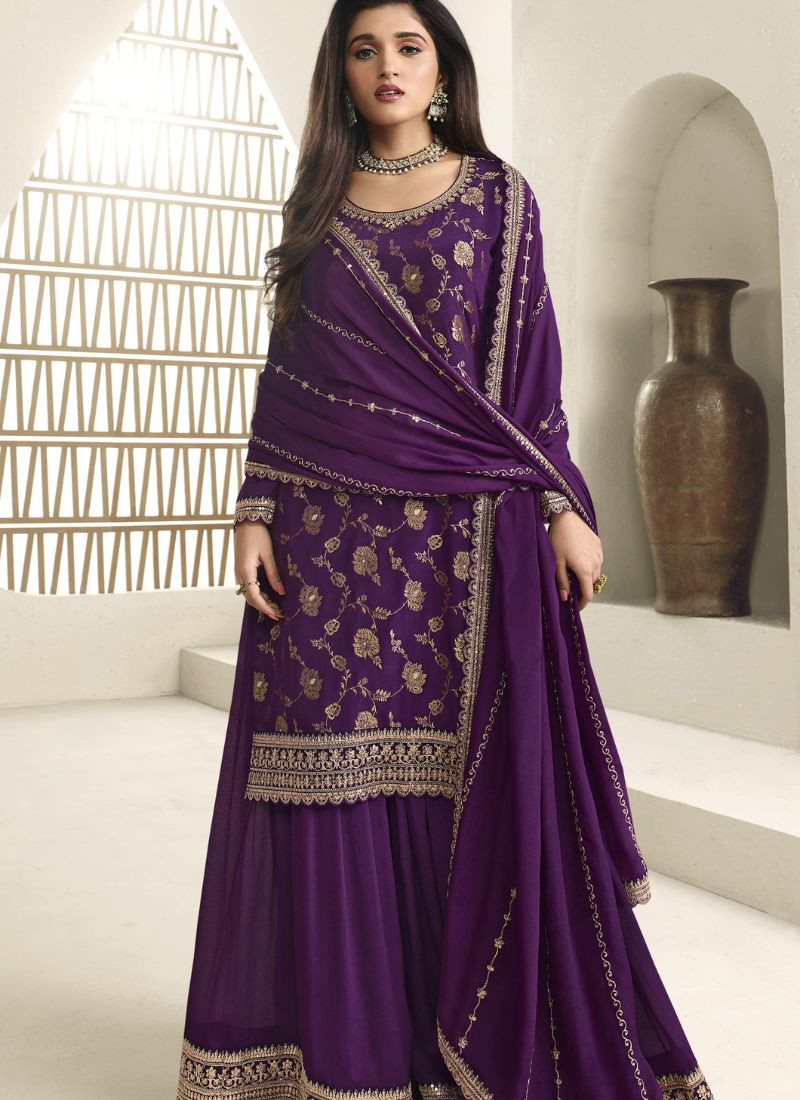 Embroidered Viscose Chinnon Jacquard Sharara Set in Purple