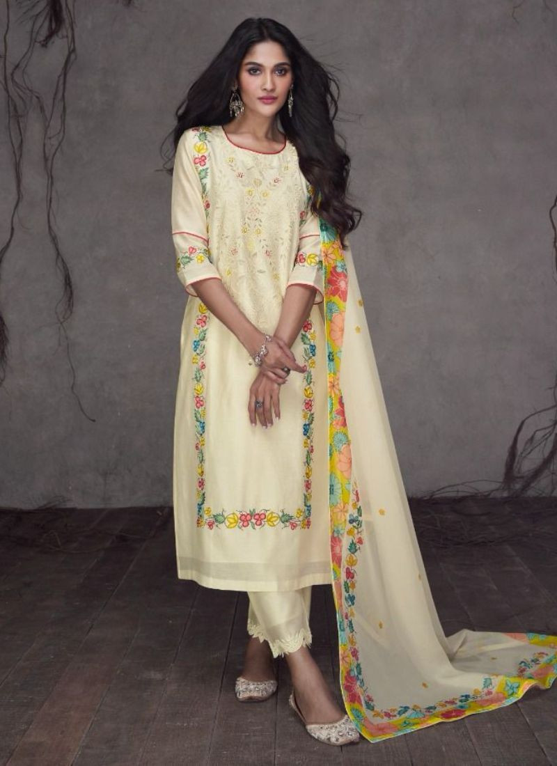 Embroidered Pure Silk Kurta-Pant Set in Off White