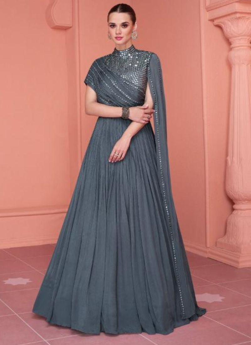 Embroidered Chinon Silk Gown in Slate Grey
