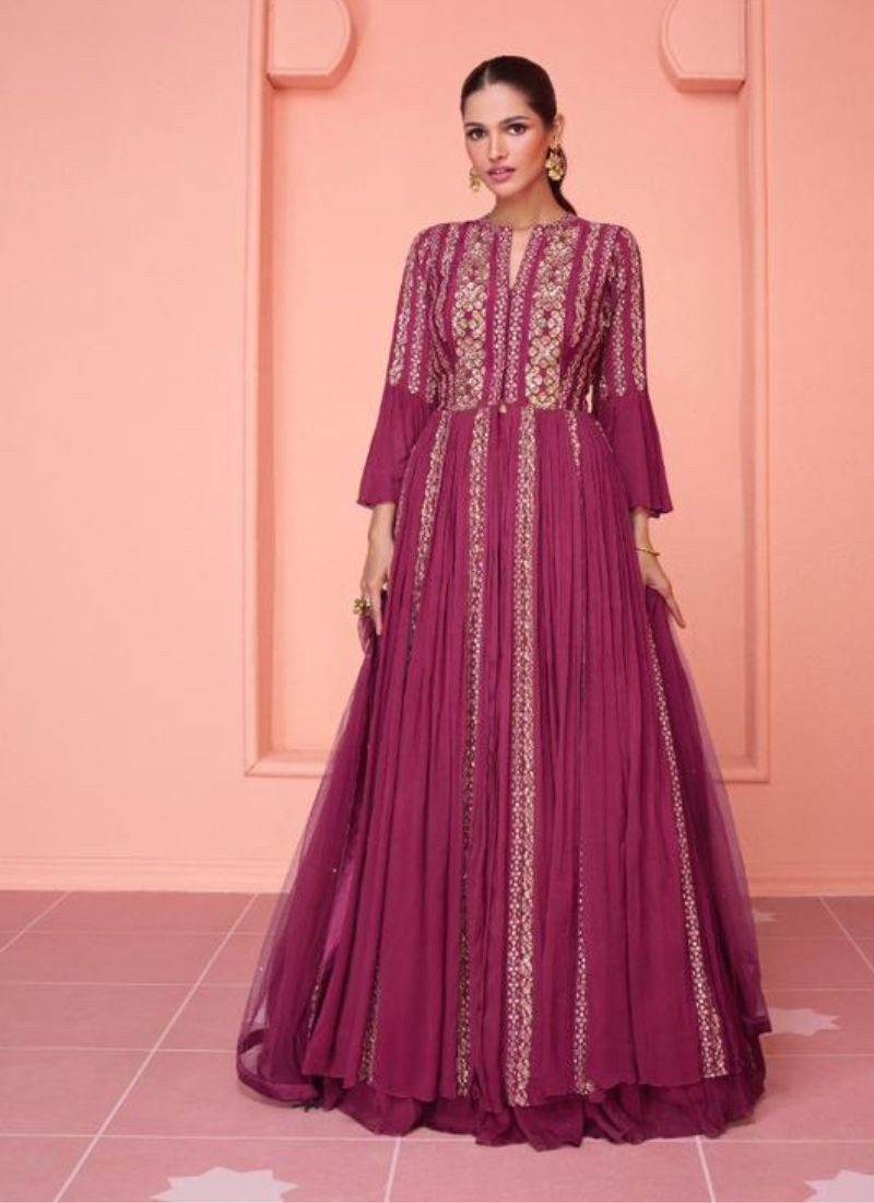 Embroidered Chinon Silk Gown in Magenta