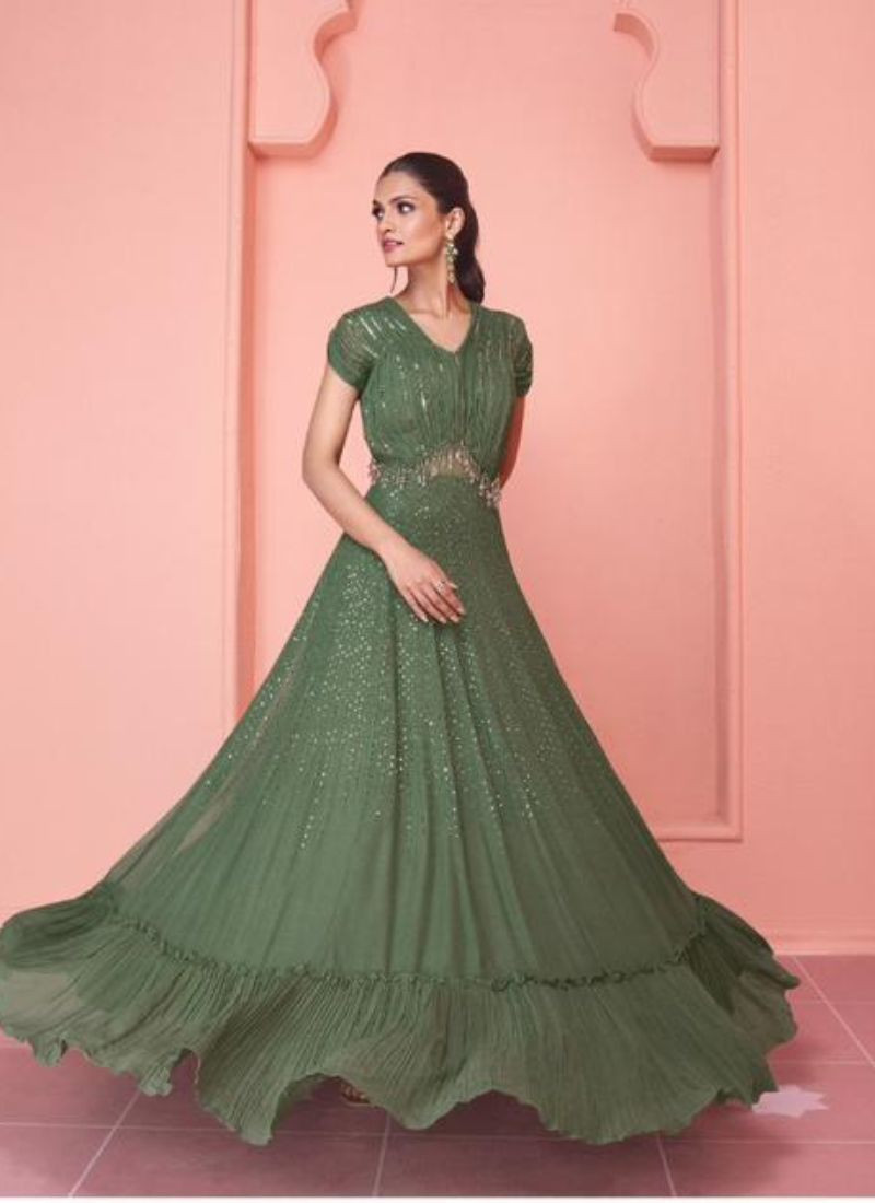 Embroidered Chinon Silk Gown in Olive Green
