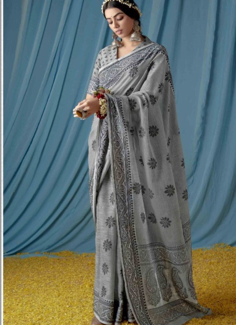 Soft Lucknawi Linen saree In Grey