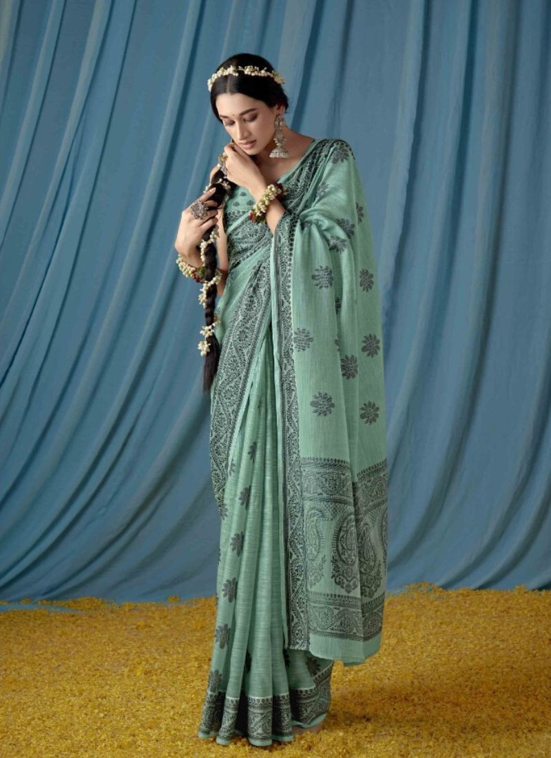 Soft Lucknawi Linen saree In Teal
