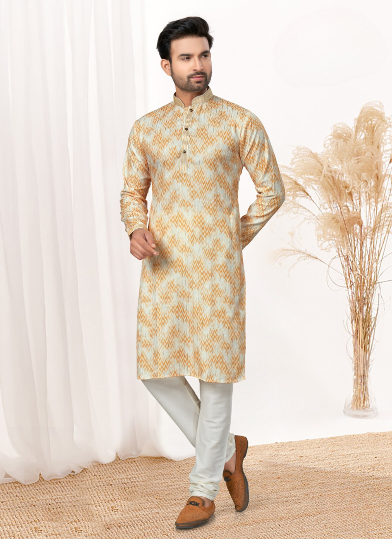 Heavy Cotton Digital Print kurta Pajama In Yellow
