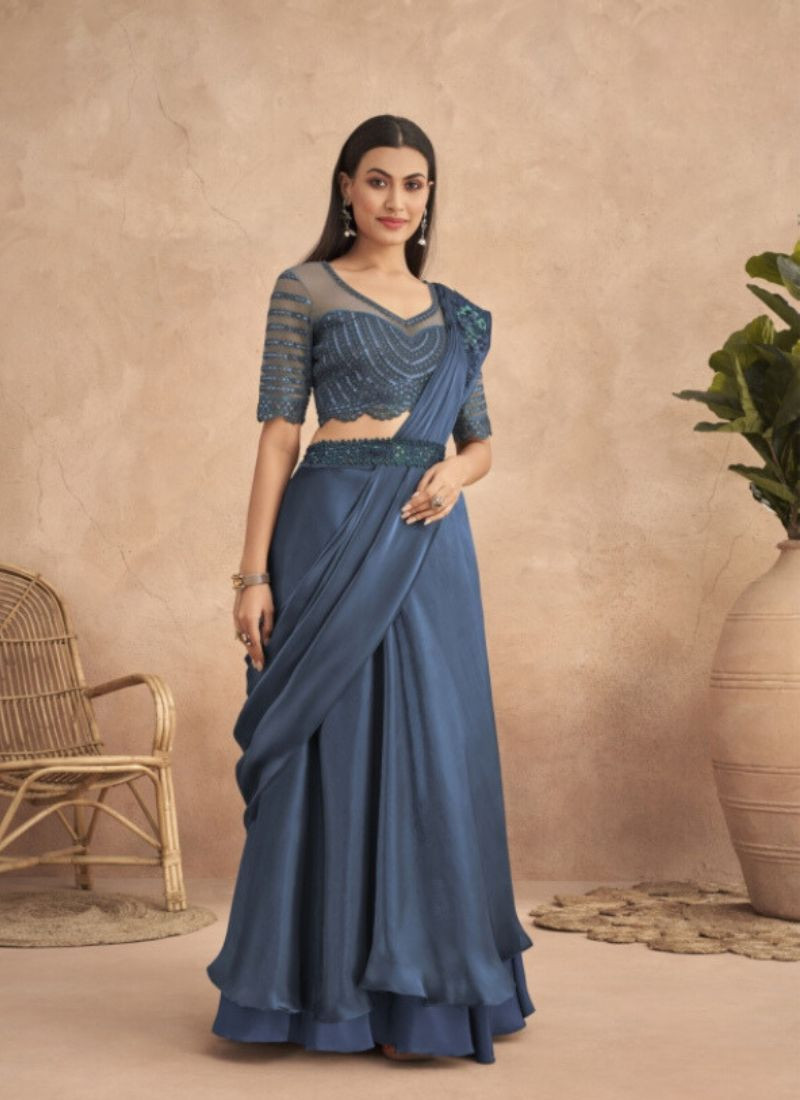Fancy Saree With Belt In Blue